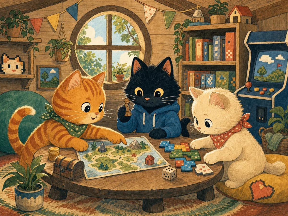 Three cheerful cats choosing games together in the Smart Cat clubhouse